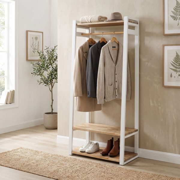 Florence white open wardrobe featuring a wooden hanging rail and rustic wood shelves, displaying coats and shoes in a bright, modern setting.