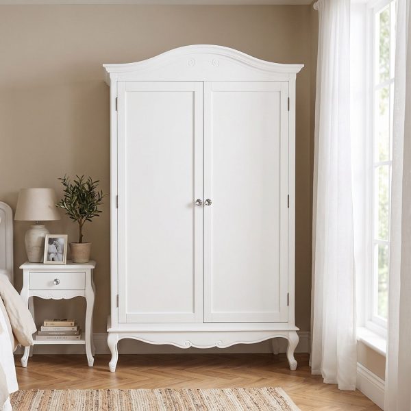 Juliette white double wardrobe featuring elegant French-inspired curves and crystal handles in a bright, neutral bedroom setting.