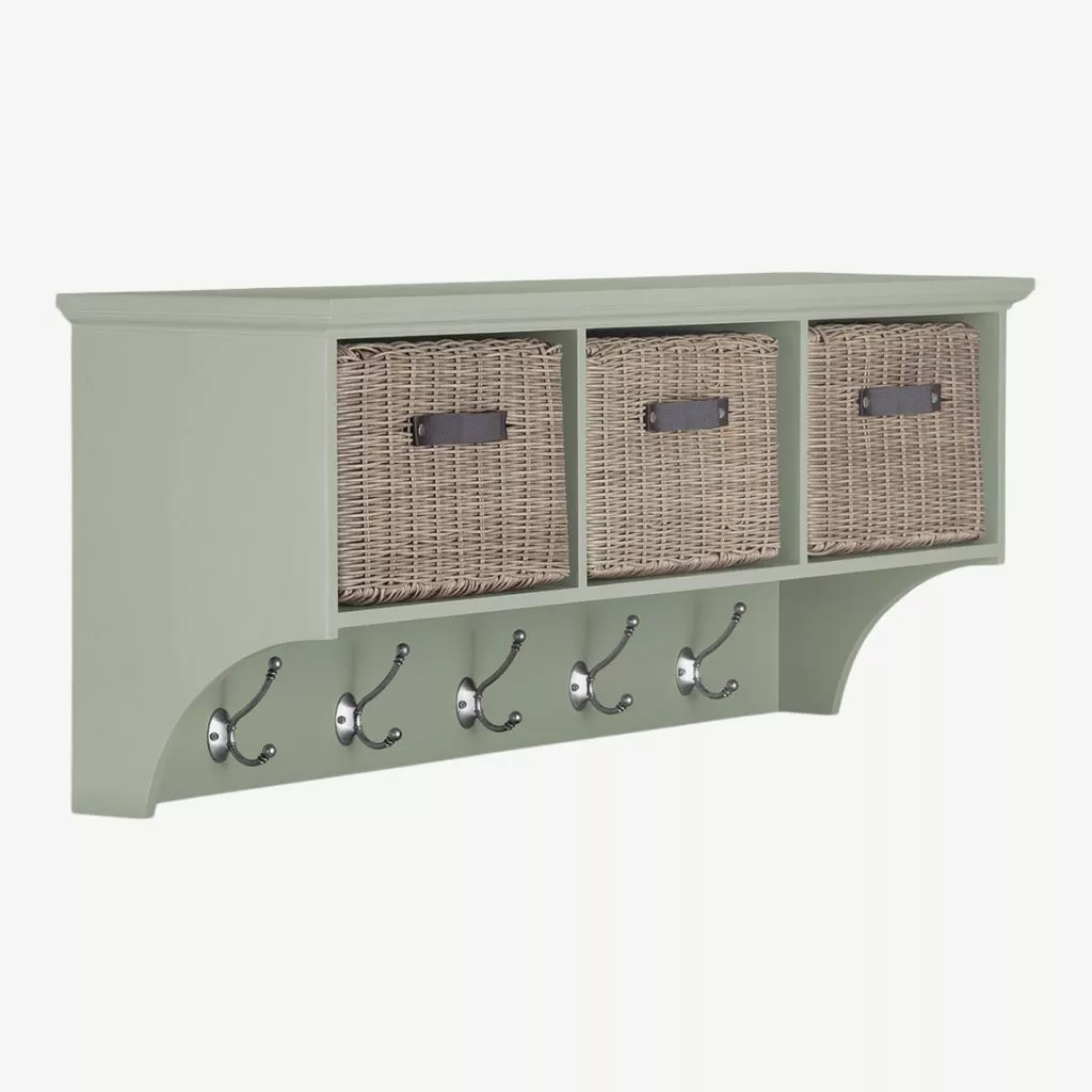 Tetbury sage green hanging shelf with 3 brown faux rattan baskets