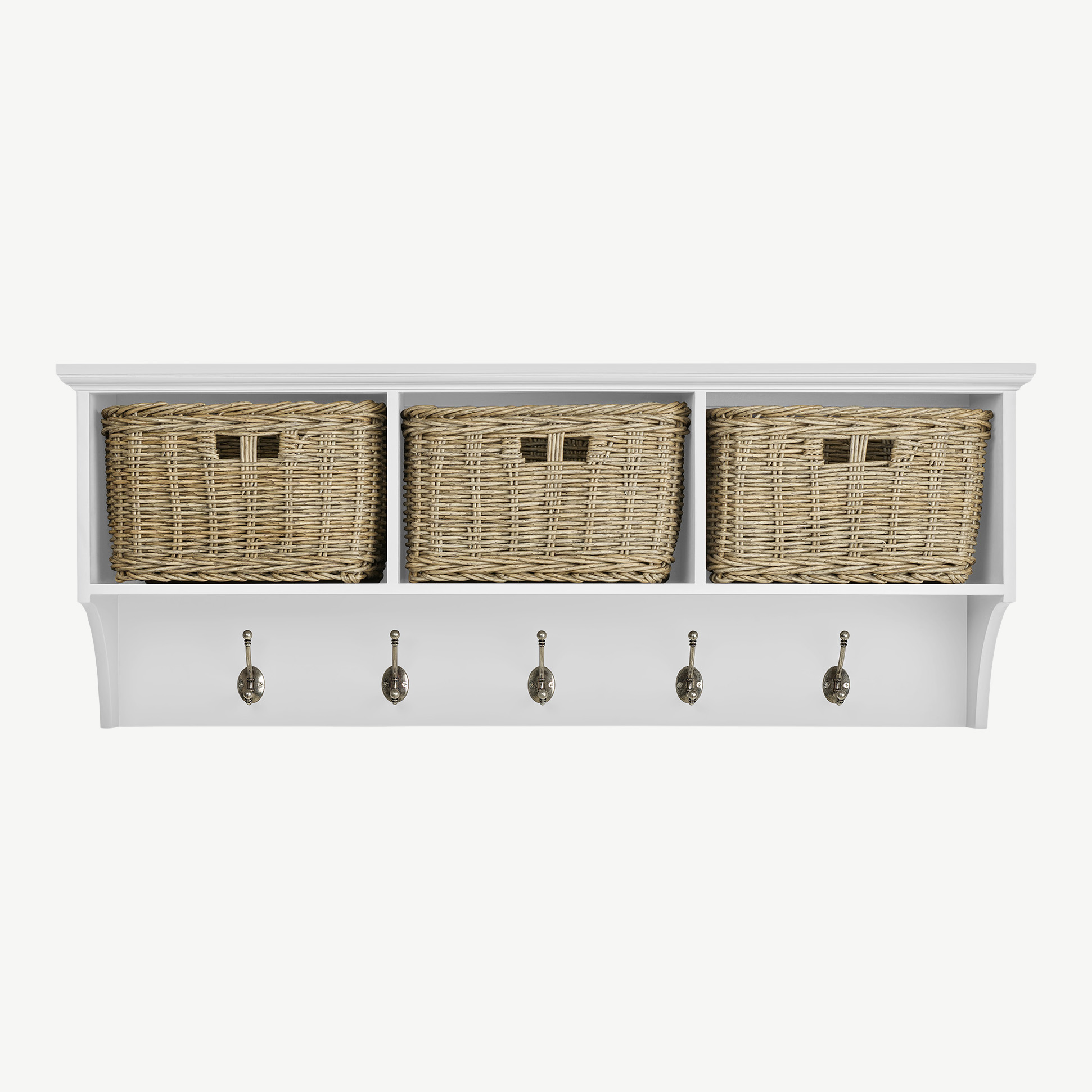Tetbury White Wall Mouted Hanging Shelf with 3 Faux Wicker Baskets