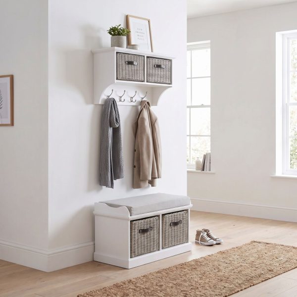 Tetbury 2 Grey Faux Rattan Basket and Grey Cushion Hallway Set in White