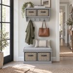 A light grey wall-mounted shelf unit displaying a trailing plant, a book, and a framed print on top, with two light woven baskets featuring dark handles in its cubbies. Four silver double-hooks below hold an olive green jacket and a brown leather tote bag. Directly below sits a matching grey wooden storage bench topped with a light grey cushion and a striped throw pillow, containing two larger matching woven baskets in its base. The furniture is styled in a sunlit entryway next to a black-framed glass door, with a textured woven rug resting on the light wood floor.