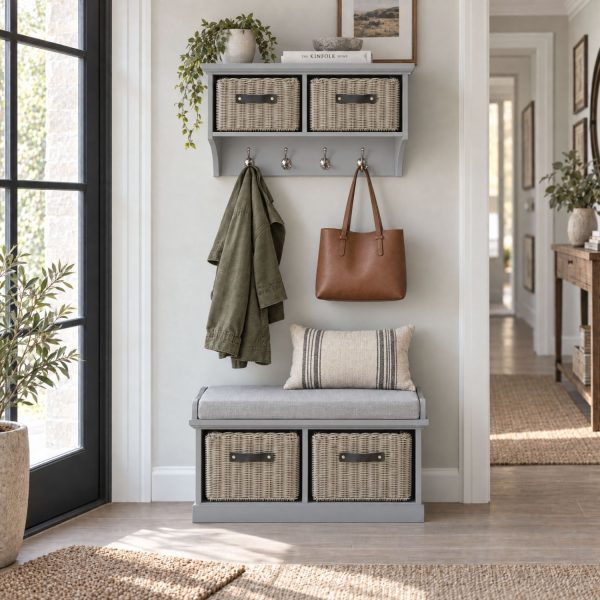 A light grey wall-mounted shelf unit displaying a trailing plant, a book, and a framed print on top, with two light woven baskets featuring dark handles in its cubbies. Four silver double-hooks below hold an olive green jacket and a brown leather tote bag. Directly below sits a matching grey wooden storage bench topped with a light grey cushion and a striped throw pillow, containing two larger matching woven baskets in its base. The furniture is styled in a sunlit entryway next to a black-framed glass door, with a textured woven rug resting on the light wood floor.