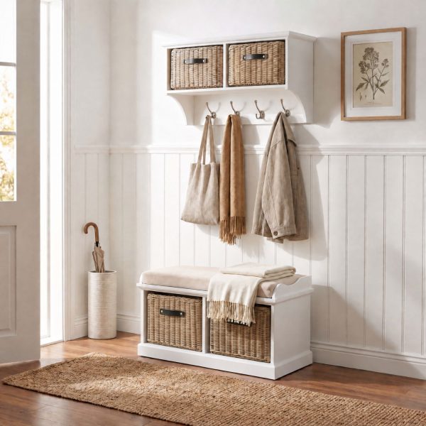 A white wall-mounted shelf unit with two natural woven baskets featuring dark handles in its cubbies, and four silver double-hooks holding a canvas tote bag, a tan scarf, and a light brown jacket. Directly below sits a matching white wooden storage bench topped with a beige cushion and a folded cream throw blanket, containing two larger matching natural woven baskets in its base. The furniture is styled in a bright entryway against white wainscoting, with warm wood flooring, a woven runner rug, an umbrella stand, and a framed botanical print on the wall.