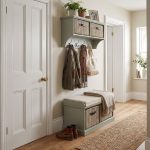 A sage green wall-mounted shelf unit displaying potted plants and a small framed photo on top, with two natural woven baskets featuring dark handles in its cubbies. Four silver double-hooks below hold a tweed jacket, a patterned scarf, and a canvas tote bag. Directly below sits a matching sage green wooden storage bench topped with a beige cushion and a draped fringed throw blanket, containing two larger matching natural woven baskets in its base. The furniture is styled in a hallway next to a white panelled door, with light wood flooring, a woven runner rug, and a pair of brown leather boots resting beside the bench.
