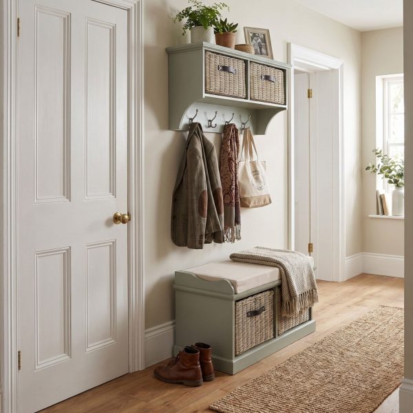 A sage green wall-mounted shelf unit displaying potted plants and a small framed photo on top, with two natural woven baskets featuring dark handles in its cubbies. Four silver double-hooks below hold a tweed jacket, a patterned scarf, and a canvas tote bag. Directly below sits a matching sage green wooden storage bench topped with a beige cushion and a draped fringed throw blanket, containing two larger matching natural woven baskets in its base. The furniture is styled in a hallway next to a white panelled door, with light wood flooring, a woven runner rug, and a pair of brown leather boots resting beside the bench.