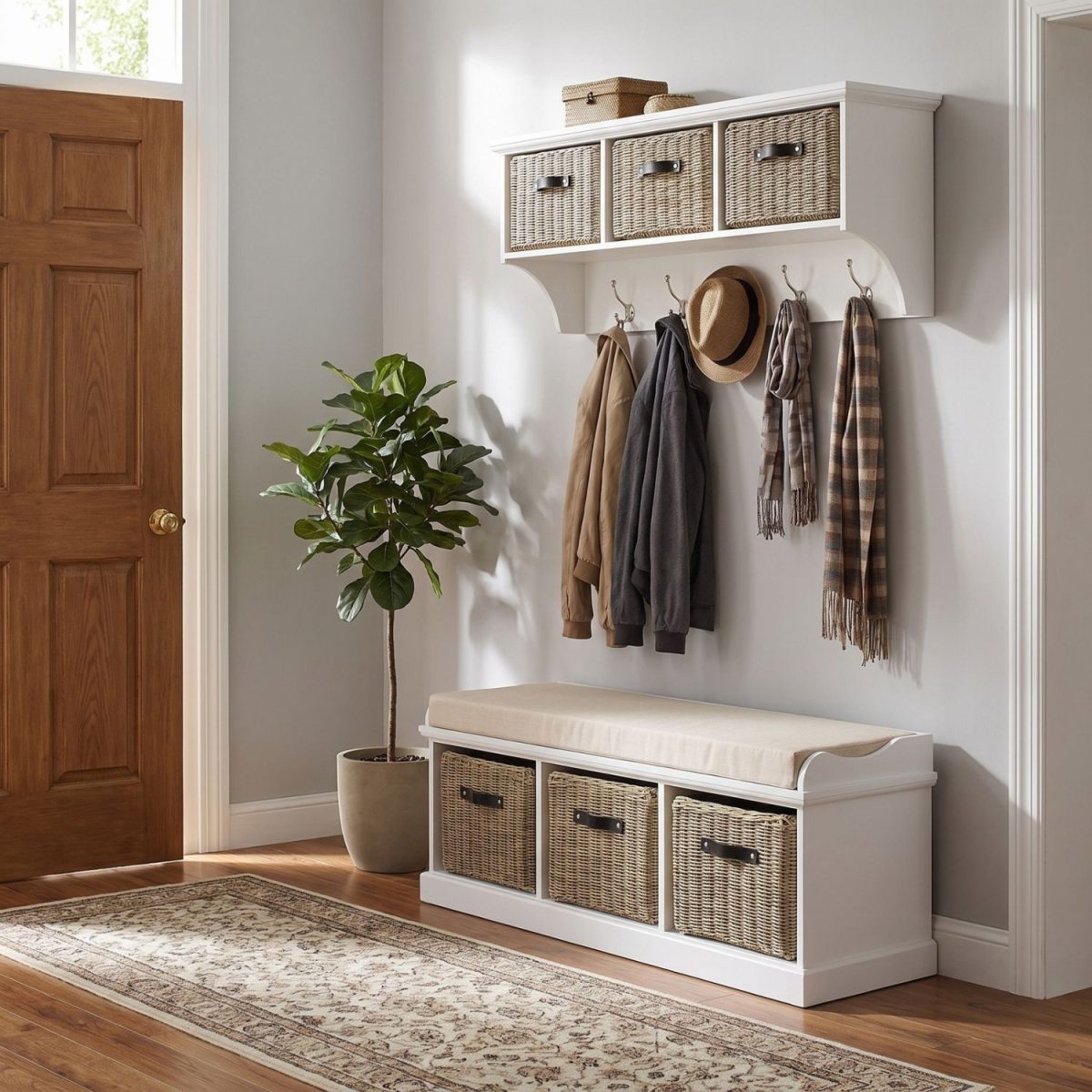 A white wall-mounted shelf unit displaying small decorative boxes on top, with three natural woven baskets featuring dark handles. Five silver double-hooks below hold a tan jacket, a dark jacket, a straw hat, and two patterned scarves. Directly below sits a matching white wooden storage bench topped with a beige cushion, containing three larger matching natural woven baskets in its base. The furniture is styled in a bright entryway next to a wooden door and a potted fiddle leaf fig plant, with wood flooring and a patterned runner rug.