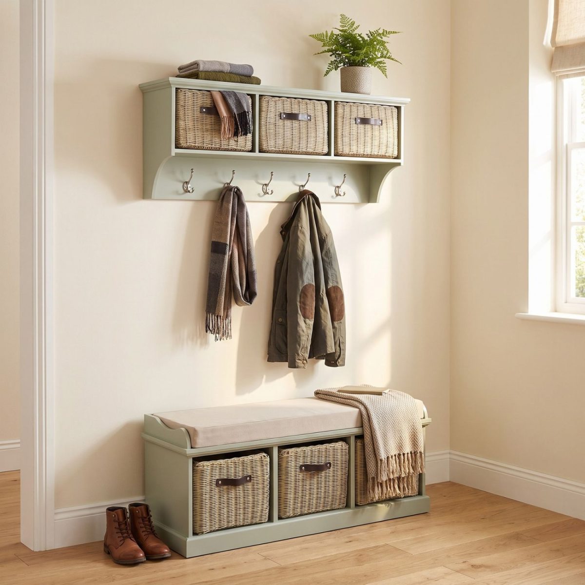 A sage green wall-mounted shelf unit displaying folded blankets and a potted fern on top, with three natural woven baskets featuring dark handles in its open compartments. Five silver double-hooks below hold a patterned scarf and an olive green jacket with brown elbow patches. Directly below sits a matching sage green wooden storage bench topped with a beige cushion and a draped fringed blanket, containing three larger matching natural woven baskets in its base. The furniture is styled in a bright corner with light wood flooring and a pair of brown leather boots resting beside the bench.