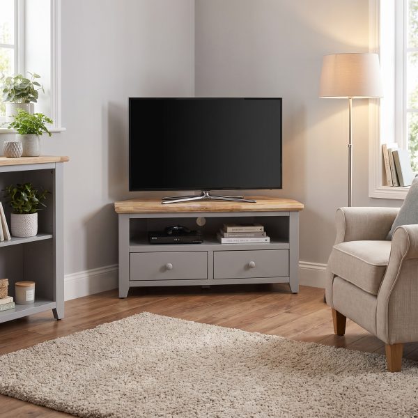 Florence Corner TV Unit with 2 Drawers, TV Stand - Dove Grey
