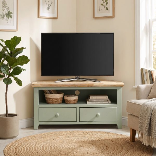 Florence Corner TV Unit with 2 Drawers, TV Stand - Sage Green