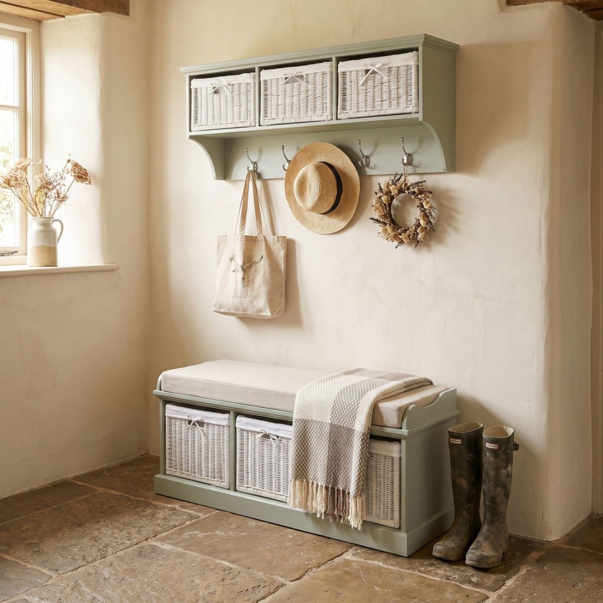A sage green wall-mounted shelf unit with three white woven baskets featuring small white bow details in its open compartments. Five silver double-hooks below hold a canvas tote bag, a straw hat with a black band, and a dried floral wreath. Directly below sits a matching sage green wooden storage bench topped with a beige cushion and a draped patterned fringed blanket, containing three larger matching white woven baskets in its base. The furniture is styled in a rustic room with uneven plaster walls, a stone flagstone floor, and a pair of tall green Wellington boots resting beside the bench.
