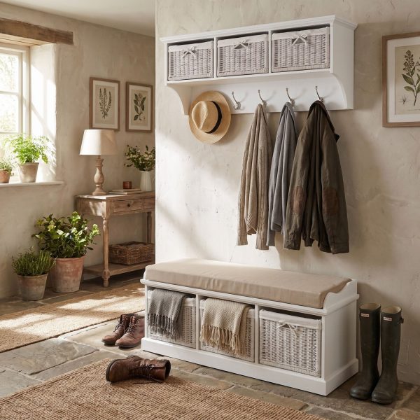 Tetbury 3 White Wicker Basket and Cream Cushion Hallway Set in White