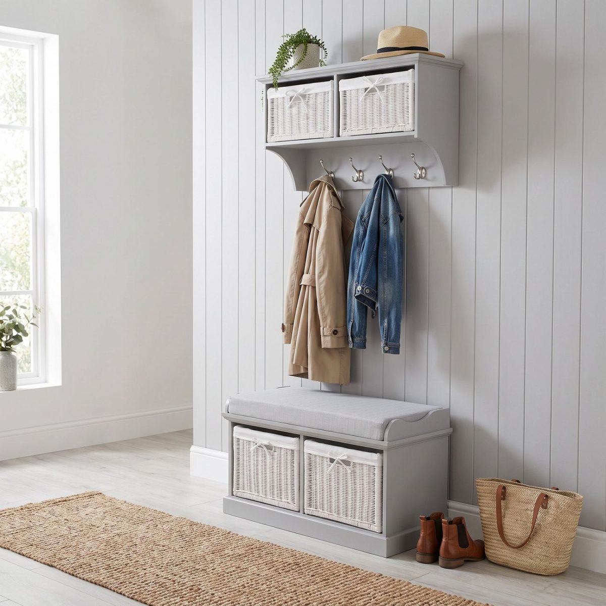 A grey wall-mounted shelf unit displaying a potted trailing plant and a straw hat on top, with two white woven baskets featuring small white bow details in its open compartments. Four silver double-hooks below hold a beige trench coat and a blue denim jacket. Directly below sits a matching grey wooden storage bench topped with a light grey cushion, containing two larger matching white woven baskets in its base. The furniture is styled in a bright hallway against a white panelled wall, with light wood flooring, a woven runner rug, and a pair of brown leather boots alongside a straw tote bag resting beside the bench.