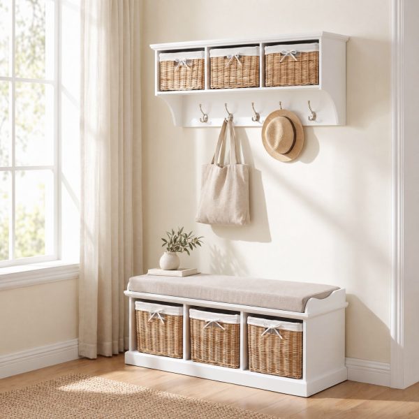 A white wall-mounted shelf unit with three natural woven baskets featuring white cloth liners and bow details in its open compartments. Five silver double-hooks below hold a canvas tote bag and a straw hat. Directly below sits a matching white wooden storage bench topped with a beige cushion, a book, and a small vase with greenery, containing three larger matching natural woven baskets in its base. The furniture is styled in a bright room next to a window with sheer curtains, with light wood flooring and a woven rug.