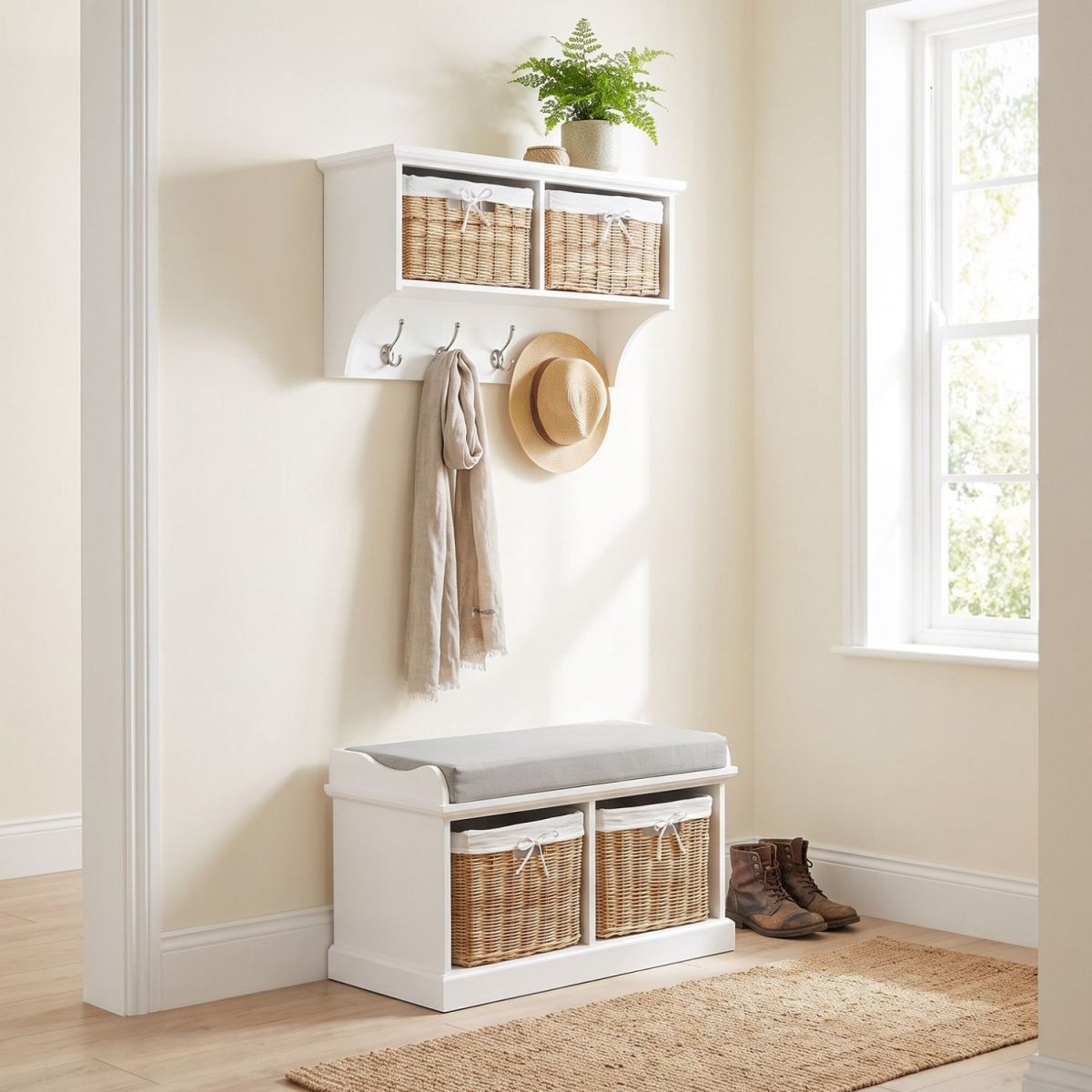 A white wall-mounted shelf unit displaying a potted fern and a small round box on top, with two natural woven baskets featuring white cloth liners and bow details in its open compartments. Four silver double-hooks below hold a draped beige scarf and a straw hat. Directly below sits a matching white wooden storage bench topped with a grey cushion, containing two larger matching natural woven baskets in its base. The furniture is styled in a bright entryway next to a window, set against cream walls with light wood flooring, a woven runner rug, and a pair of brown leather lace-up boots resting beside the bench