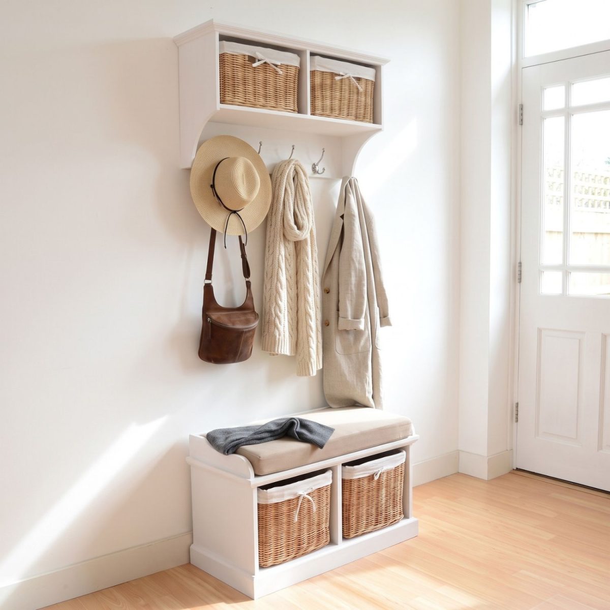 A white wall-mounted shelf unit with two natural woven baskets featuring white cloth liners and bow details in its open compartments. Four silver double-hooks below hold a straw hat, a brown leather bag, a chunky cream knit scarf, and a light beige coat. Directly below sits a matching white wooden storage bench topped with a beige cushion and a draped dark grey scarf, containing two larger matching natural woven baskets in its base. The furniture is styled in a bright, sunlit hallway next to a white glass-panelled door, set against white walls with light wood flooring.