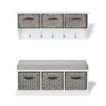 Tetbury large white hanging shelf and bench with grey faux rattan baskets