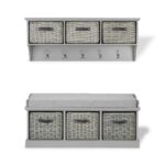 Tetbury large grey hanging shelf and bench with grey faux rattan baskets