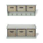 Tetbury large sage green hanging shelf and bench with 3 faux rattan baskets