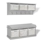 Tetbury grey coat rack and bench set with 3 white baskets