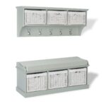 Tetbury large Sage Green  hanging shelf and bench with 3 white baskets