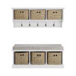 Tetbury Large White Coat Rack and Storage Bench with Faux Wicker baskets and grey cushion