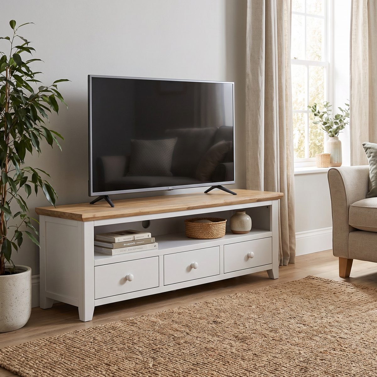 Florence large white painted TV unit with a natural wood top, featuring a wide open media shelf and three storage drawers with round knobs, styled in a living room holding a flat-screen television.