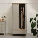 Contemporary oak double wardrobe with drawer in harbour stone grey