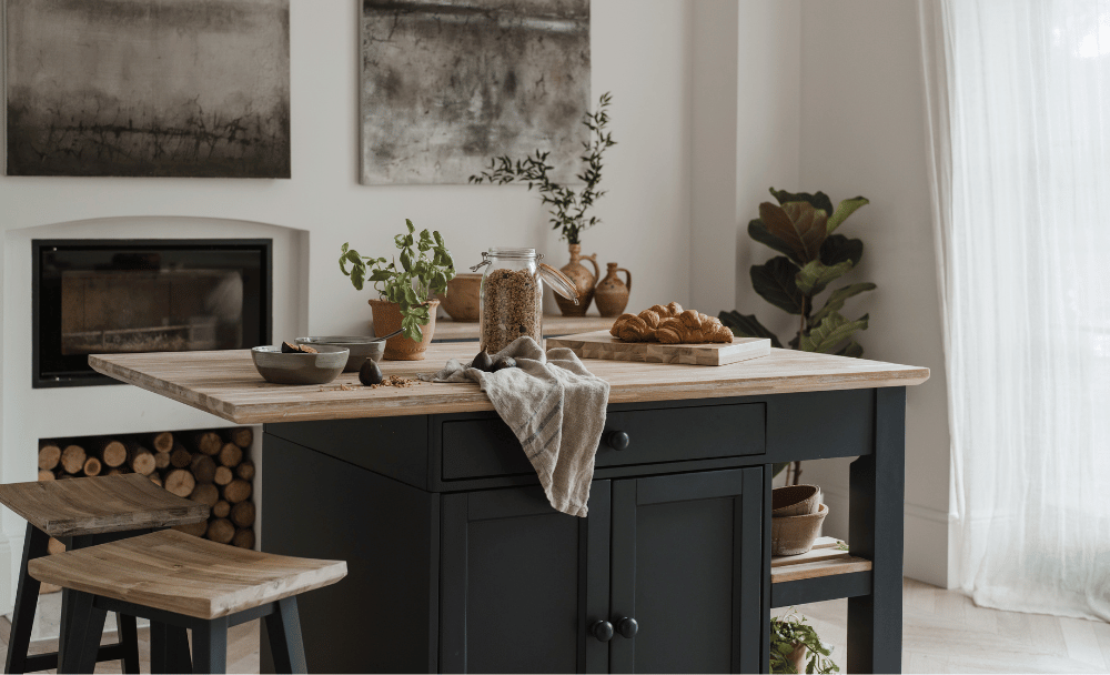 Florence Acacia Wood, Navy Blue Kitchen Island and Bar Stools
