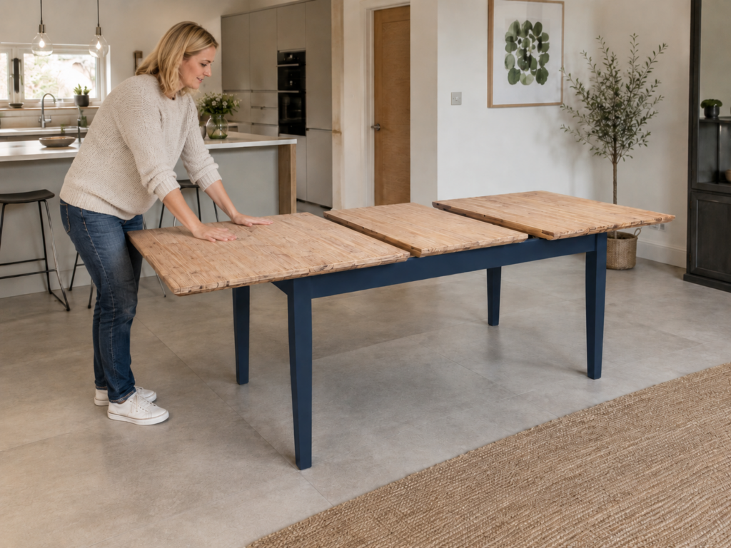 A woman in a modern UK kitchen pushes the wooden tabletop panels of a navy blue extendable dining table together after inserting the centre extension leaf.