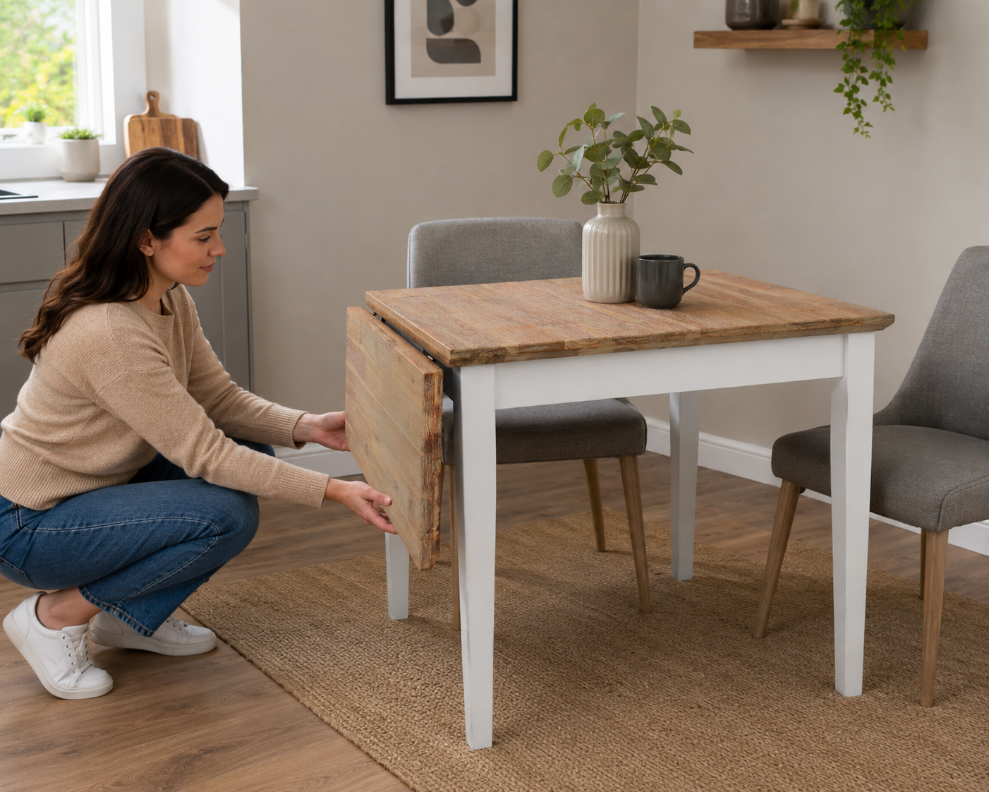 A woman crouches beside a small white and natural wood drop-leaf dining table in a modern UK home, holding the end of the partially lowered leaf while grey upholstered chairs, a rug, plants, and kitchen décor sit in the background.