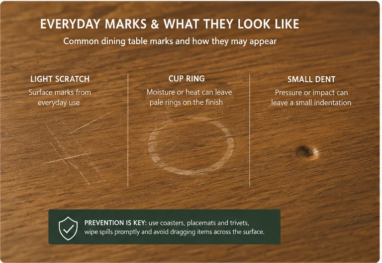 Dining table surface showing common everyday marks including a light scratch, cup ring and small dent.