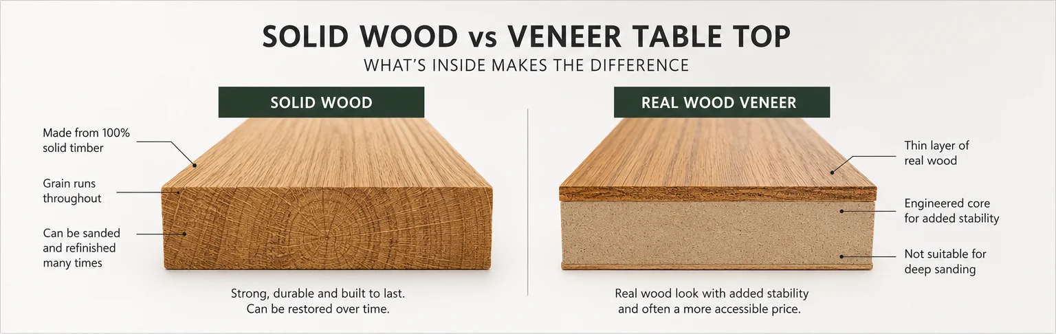 Cross-section diagram showing a solid wood dining table top beside a real wood veneer table top with engineered core.