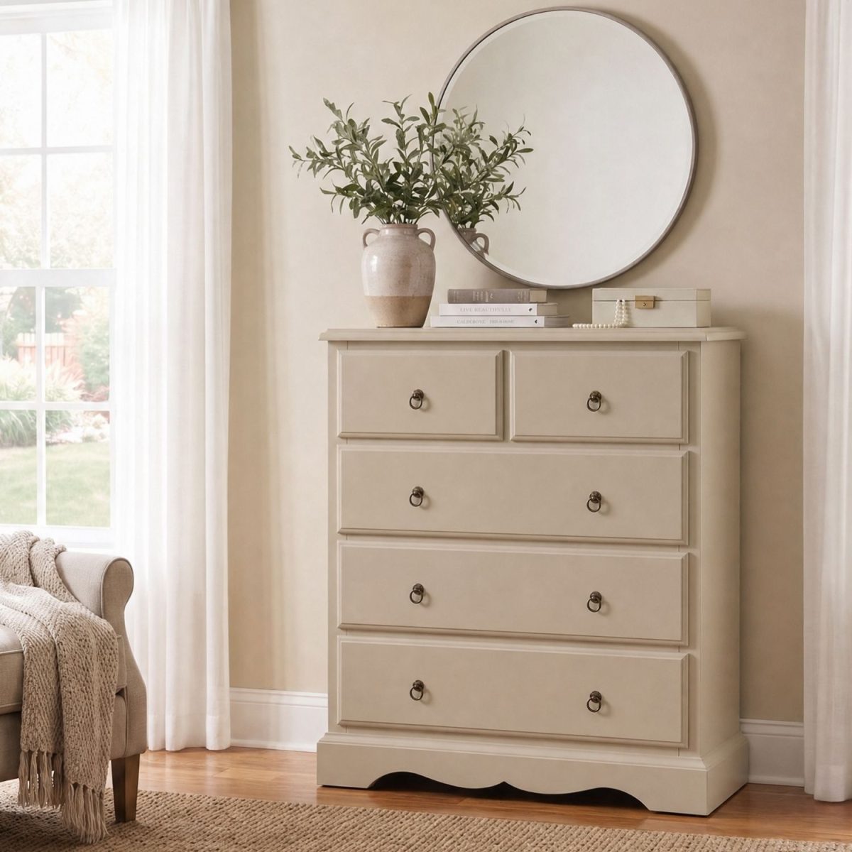 Romance beige chest of drawers with a sweetheart base and antique brass handles, styled with a round wall mirror and a vase of greenery.