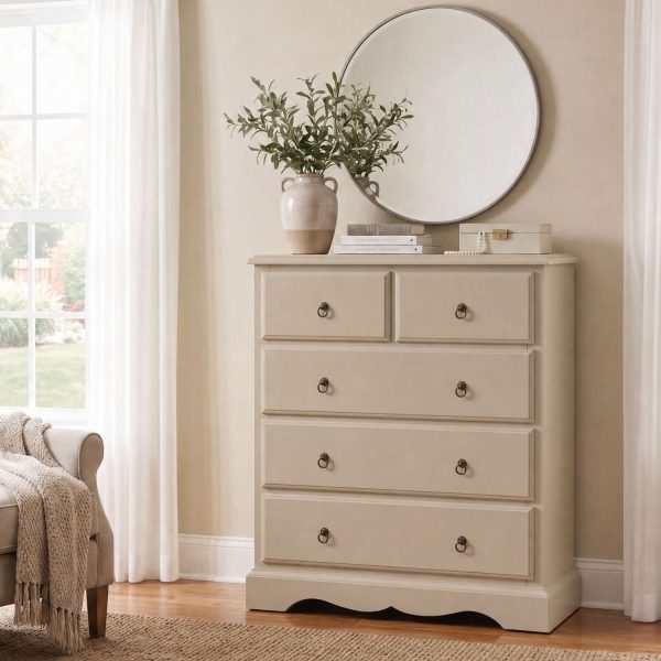 Romance beige chest of drawers with a sweetheart base and antique brass handles, styled with a round wall mirror and a vase of greenery.