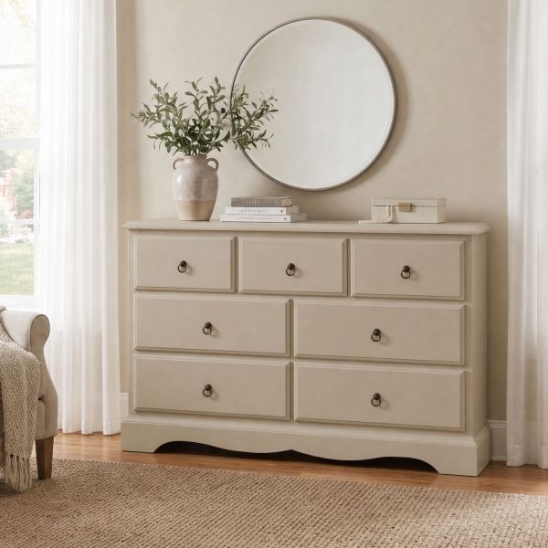 Romance beige wide chest of drawers featuring seven spacious drawers, elegant drawer lips, and antique brass handles in a classic bedroom setting.