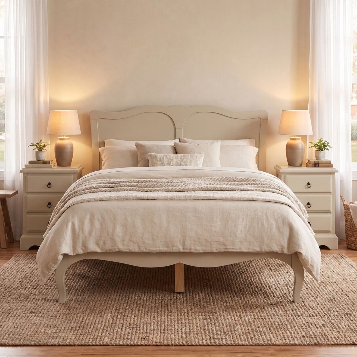 Romance oatmeal wooden bed frame featuring an elegant sweetheart headboard and tapered legs, dressed in natural linen and flanked by matching bedside tables.