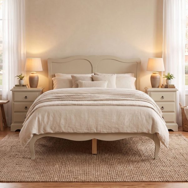 Romance oatmeal wooden bed frame featuring an elegant sweetheart headboard and tapered legs, dressed in natural linen and flanked by matching bedside tables.