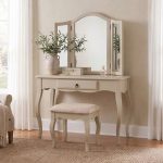 Romance beige dressing table featuring a single drawer with an antique brass handle and sweeping French Rococo curved legs.