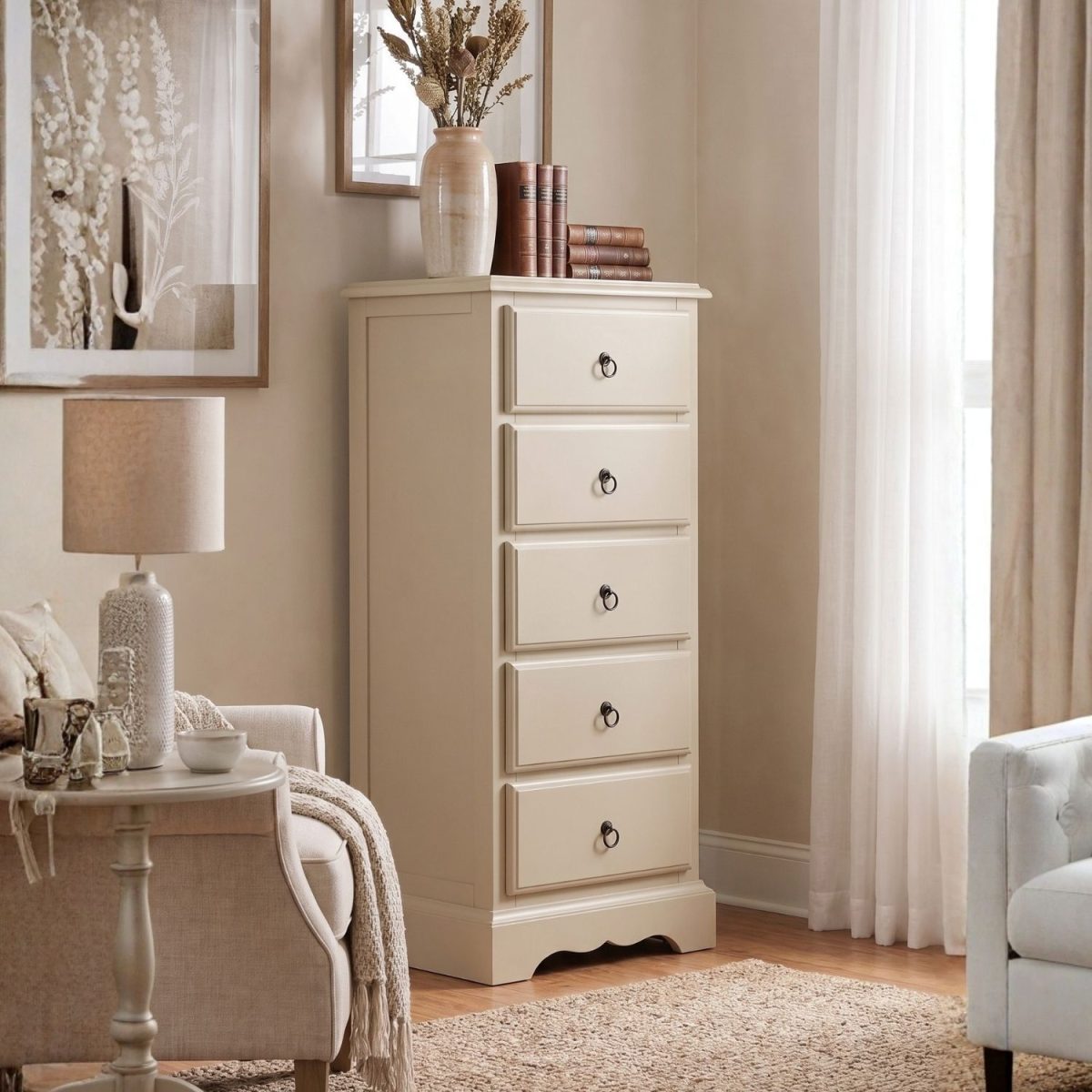 Romance beige tallboy chest featuring five drawers, antique brass drop ring handles, and a sweetheart base in a warm neutral room.