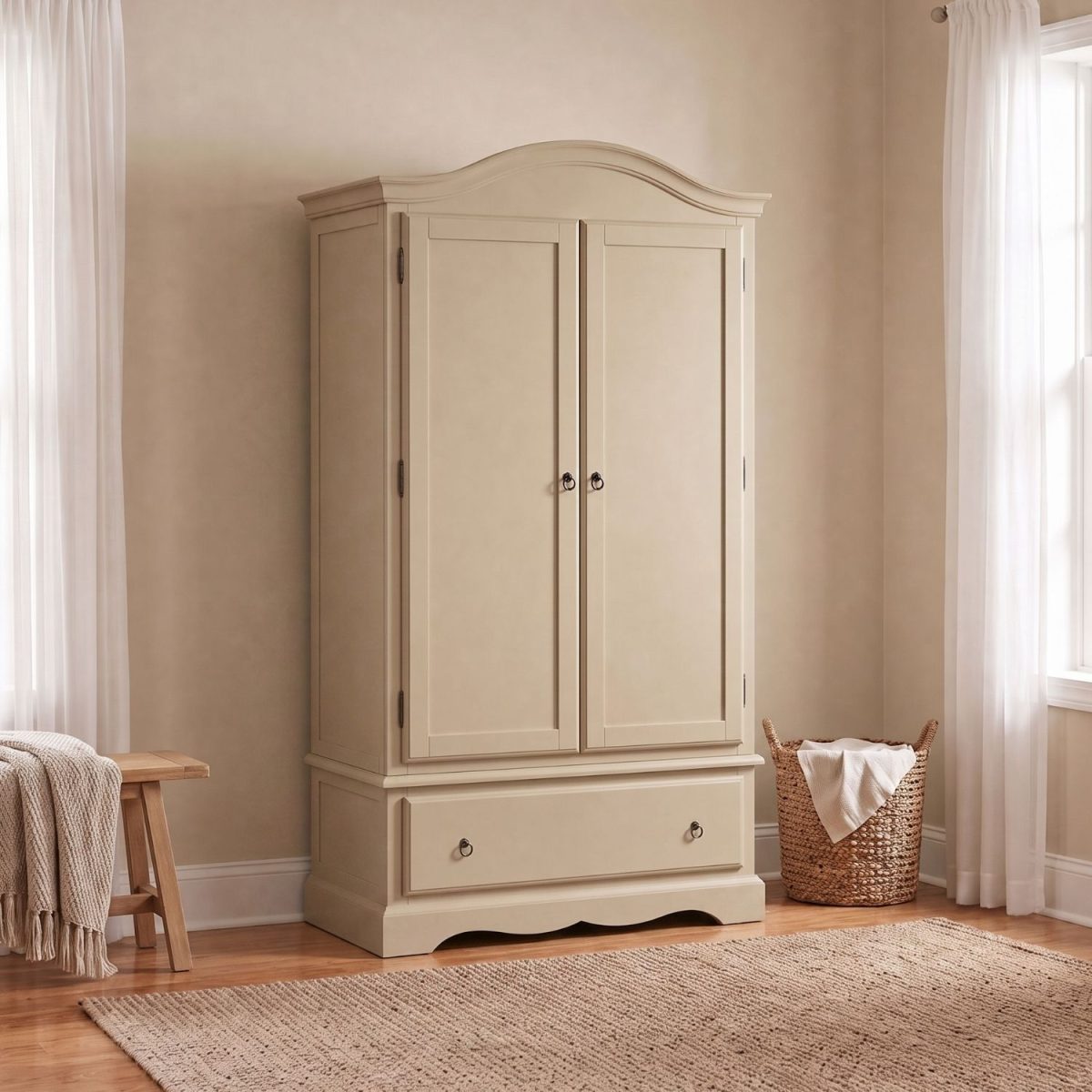 Romance beige wardrobe with drawers featuring a curved top frieze, two doors, a deep bottom drawer, and antique brass handles.