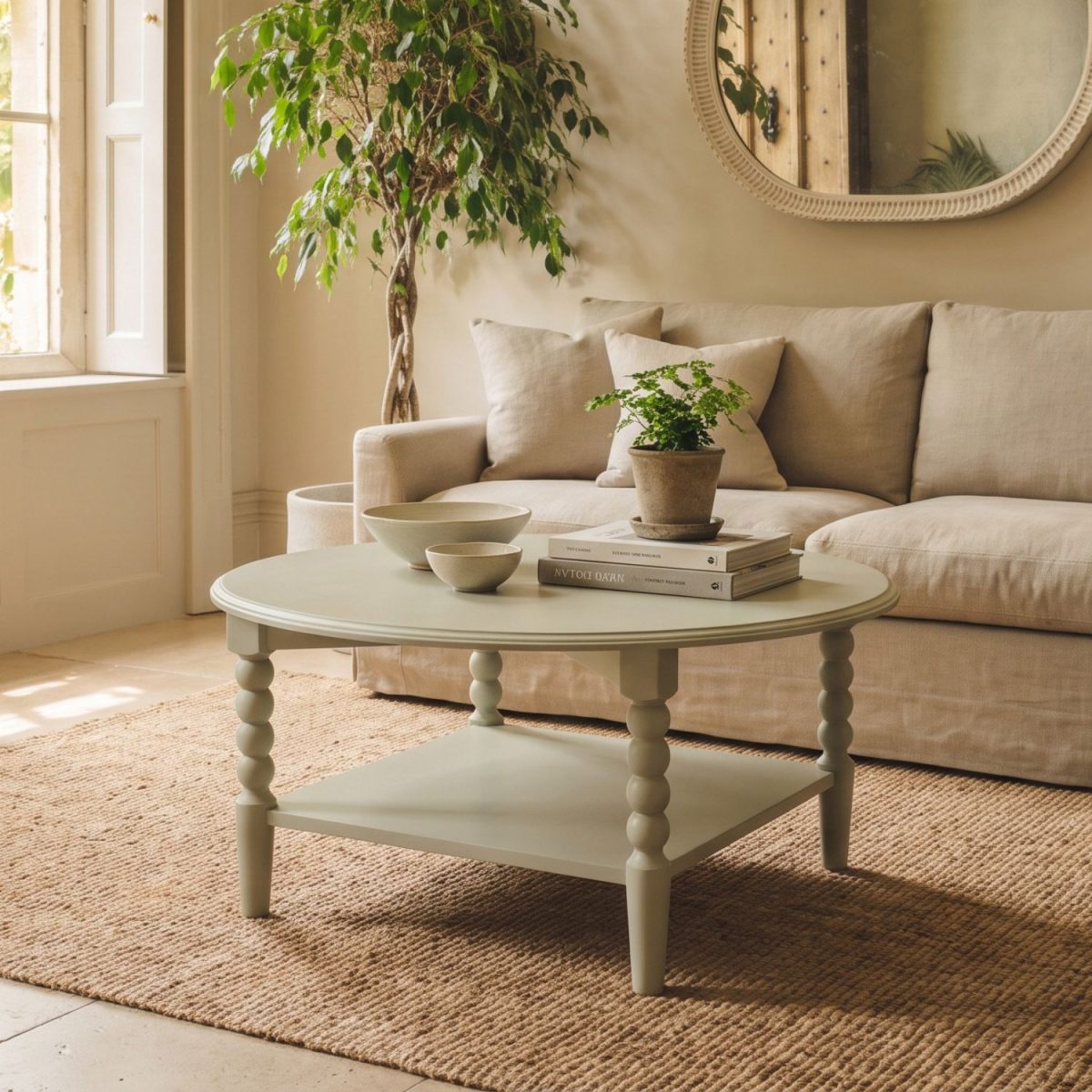 A pale olive round coffee table characterized by its distinctive bobbin-turned legs and a lower square shelf. The tabletop is styled with two stacked books supporting a small potted fern, alongside two light-coloured nesting bowls. The table is positioned on a large woven rug over a light stone floor, situated in a sunlit living room in front of a beige sofa and next to a large potted indoor tree with a braided trunk.