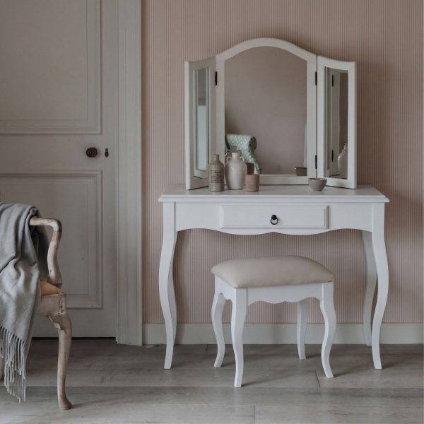 Romance white dressing table set featuring French Rococo curved legs, an arched tri-fold mirror, a central drawer, and a comfortably padded stool.