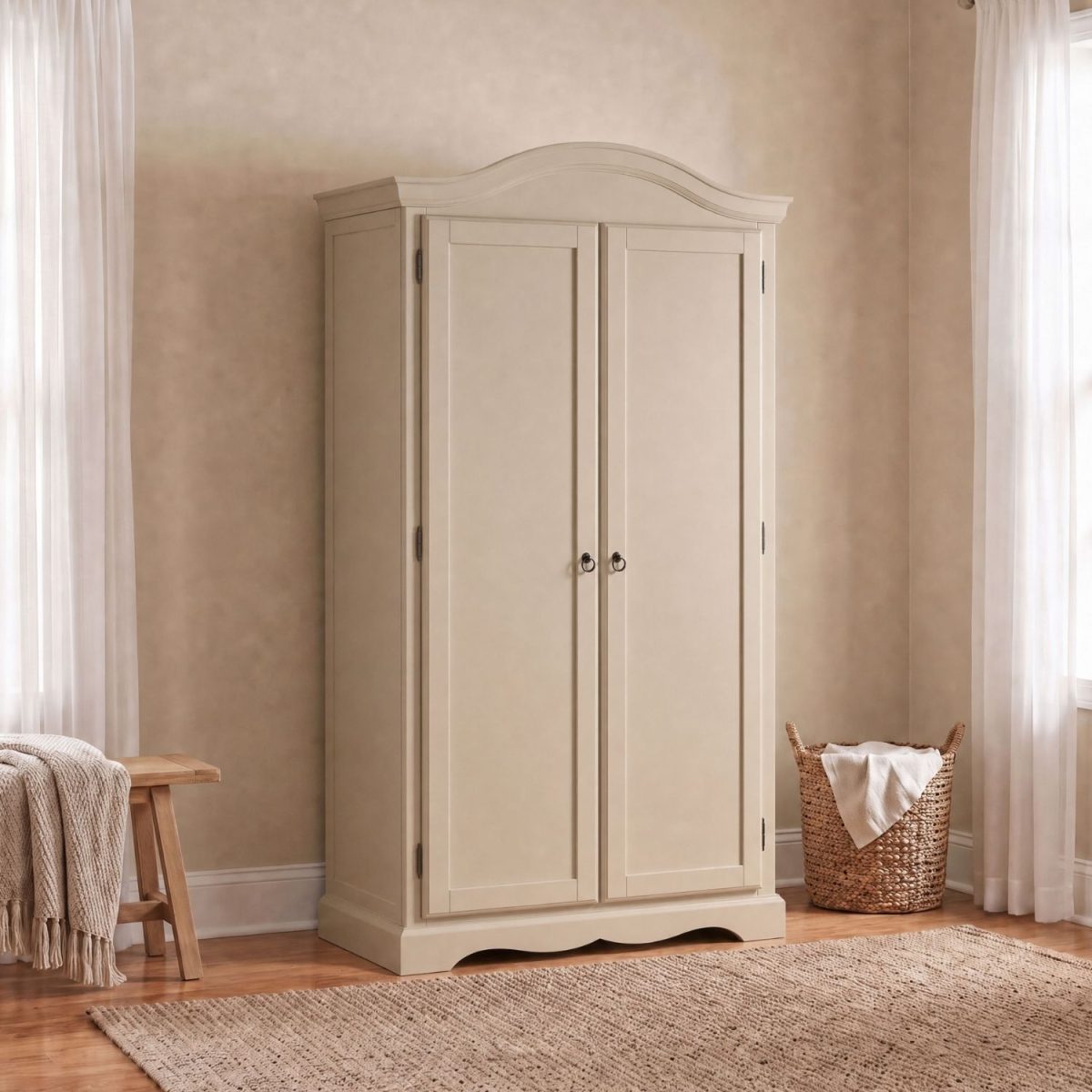 Romance beige double wardrobe featuring two tall panelled doors, a curved top cornice, a sweetheart base, and routed cabinet details.
