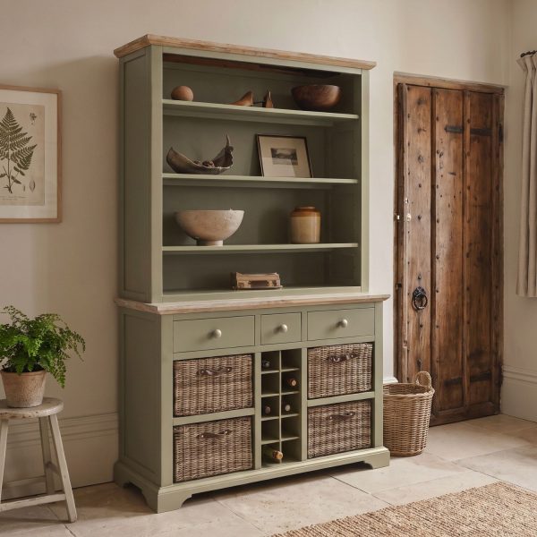 Florence sage green dresser featuring a solid acacia wood top, open upper shelving, three drawers, four woven wicker baskets, and a central built-in wine rack, styled with rustic decor next to a large antique wooden door.